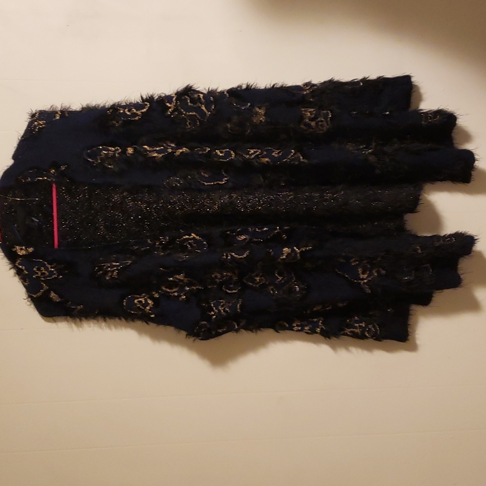 Lane Bryant Navy and Gold Jacquard Open Long Cardigan